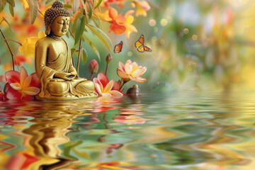 golden buddha with 3đ multicolor flowers and butterflies, nature background - obrazy, fototapety, plakaty