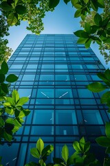 Reflection of green trees in the windows of a modern office building, Eco-friendly Concept.