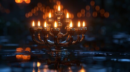 Celebrating Hanukkah with a traditional 9-branch Menorah, symbolizing the Festival of Lights in a setting ripe for reflection and joy - obrazy, fototapety, plakaty