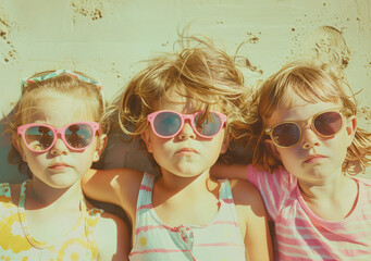 Obraz premium Three beautiful children with sunglasses enjoying the beach in the summer