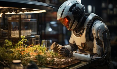 Man in Futuristic Suit Working on Plant
