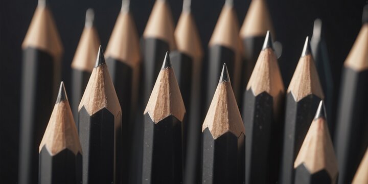 Sharpened Black Pencils Laying against black background. A photo of several sharpened black pencils laying verticaly against dark background.