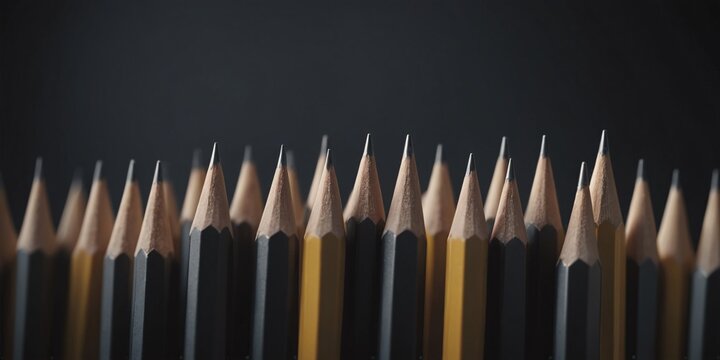 Sharpened Black Pencils Laying against black background. A photo of several sharpened black pencils laying verticaly against dark background.