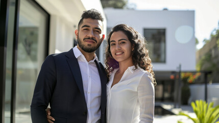Confident latin american male and latino female couple buyers stands proudly outside the new house just bought, radiating happiness and approachability, ready to move in their new acquired home