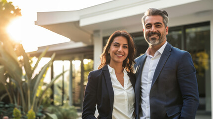 Confident latin american male and latino female couple buyers stands proudly outside the new house just bought, radiating happiness and approachability, ready to move in their new acquired home
