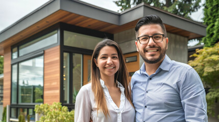 Confident latin american male and latino female couple buyers stands proudly outside the new house just bought, radiating happiness and approachability, ready to move in their new acquired home