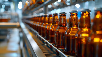 Line of bottling of beer bottles on clean light factory with closeup view on the alcoholic drink bottle - obrazy, fototapety, plakaty