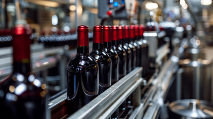 Line of bottling of red wine bottles on clean light factory with closeup view on the alcoholic drink bottle