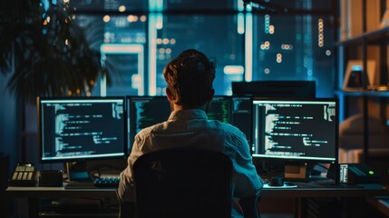 A programmer writing code on a multi-monitor computer setup in a modern tech company. 
