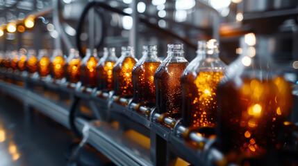Line of bottling of cola soda bottles on clean light factory with closeup view on the sugary drink bottle - Powered by Adobe