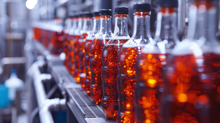 Line of bottling of cola soda bottles on clean light factory with closeup view on the sugary drink bottle