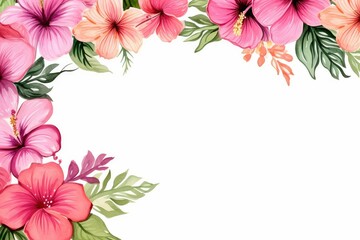 watercolor of hibiscus flowers frame, botanical border, watercolor card template. Exotic flowers invitation. Border frame banner. creating a stunning frame for your design work.