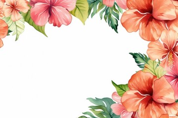 watercolor of hibiscus flowers frame, botanical border, watercolor card template. Exotic flowers invitation. Border frame banner. creating a stunning frame for your design work.