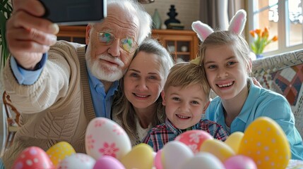 Grandparents Taking Selfie with Grandchildren Before Traditional Easter Lunch.