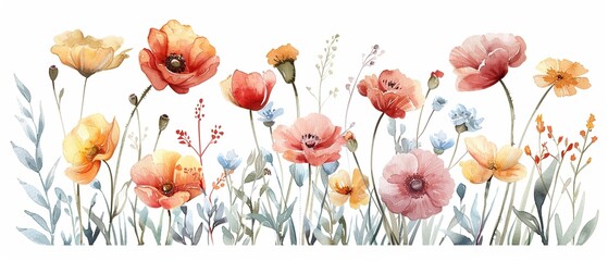 Modern boho style wildflowers, soft pastels, watercolor, isolated on white, elegant simplicity