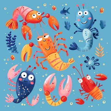 Vector cartoon ensemble of adorable lobsters and playful krakens, vibrant ocean invertebrates, full of color