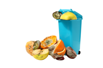 PNG, Spoiled fruit and blue trash can, isolated on white background