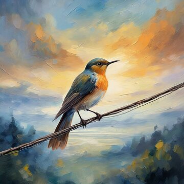 bird on a branch.a serene oil painting depicting a bird perched on a wire against a backdrop of an expansive sky, with soft, atmospheric lighting and subtle color gradients evoking a sense of tranquil