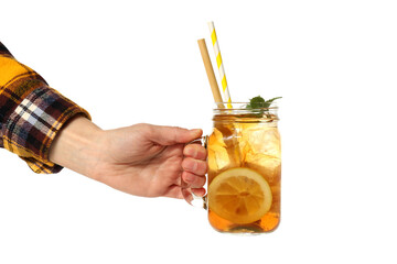 PNG, Glass of iced tea with straw in hand, isolated on white background