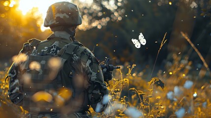 Serene Soldier at Dusk: A Portrait of Military Life in Nature. Calm, Thoughtful, Defending Peace. Lively Golden Hour Setting, Captivating Scene. AI - obrazy, fototapety, plakaty