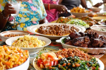 Obraz premium A feast of diverse dishes showcased on a vibrant tablecloth.