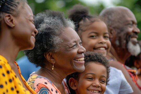 Black family smiling together at a celebration.