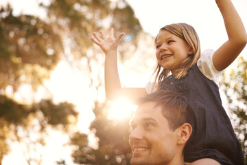 Shoulder, support or father and daughter in a park with hands up, freedom or fun, bonding and...