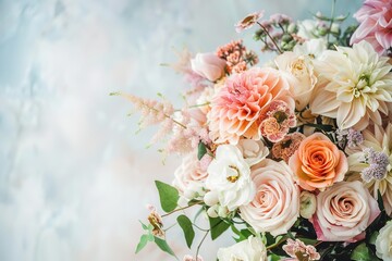 Elegant bouquet of mixed flowers in soft pastel colors offers serenity.