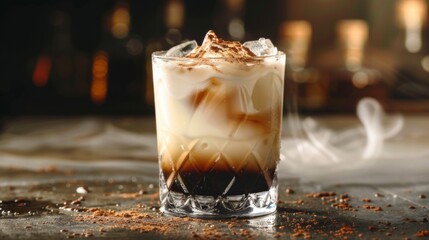 White Russian cocktail presented against a bar background. An alcoholic beverage served in a glass.