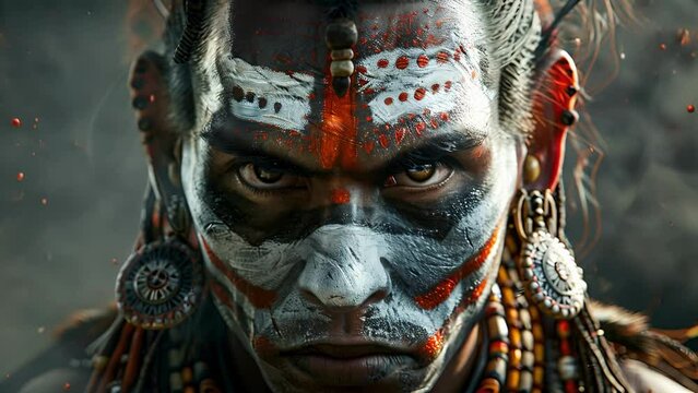 A warrior with a distinctive mohawk hairstyle his face painted with elaborate designs representing the fearsome Nanda infantry.