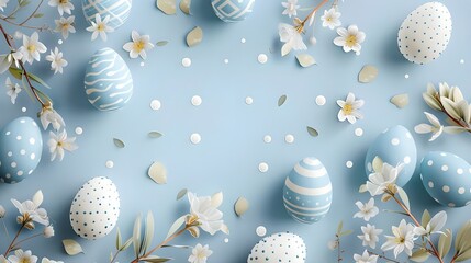 Fototapeta na wymiar Easter Holiday Card. Easter eggs and natural flower decoration over blue background