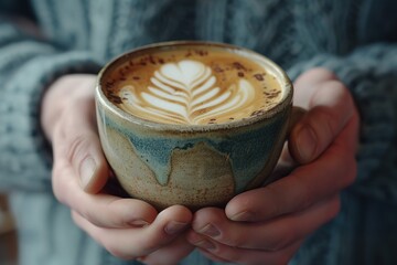 Hands cradling a warm cup of cappuccino with intricate latte art.