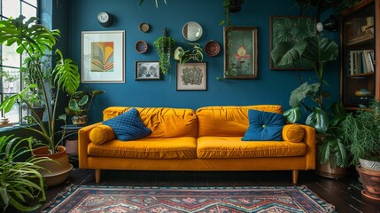 Cozy Living Room with Yellow Sofa and Indoor Plants