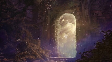 A shimmering portal in the air, with a glimpse of a nostalgic memory peeking through. - obrazy, fototapety, plakaty