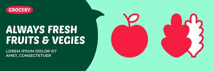 Always fresh fruits and veggies banner template. Vector apple icon background. Salad leaf illustration poster. Healthy vegetable food flyer. Grocery food promo, shop department label, package, design