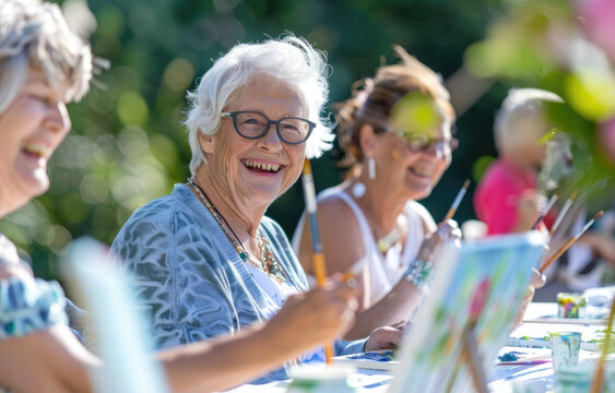 Three happy senior women having fun painting at an outdoor art class in the garden of their community, summer time