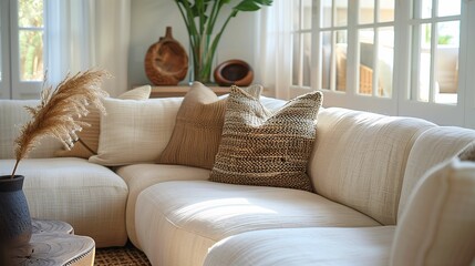 Cozy Home Interior with Elegant Beige Sofa and Decorative Pillows