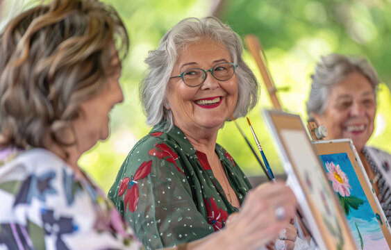 Three happy senior women having fun painting at an outdoor art class in the garden of their community, summer time