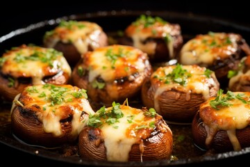 Photo French Onion stuffed mushrooms filled with savory onion and cheese mixture, perfect for entertaining or as a gourmet appetizer option