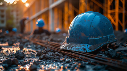 Hard hat on ground, construction industry