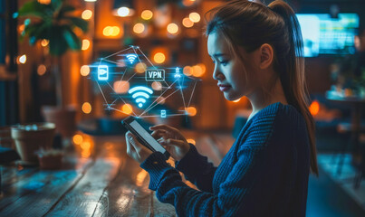 Person Using Smartphone and Virtual Interface Illustrating the Concept of Secure Virtual Private Network (VPN) for Safe Internet Browsing and Data Protection - obrazy, fototapety, plakaty