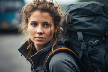 A woman tightening their rucksack before starting their rucking workout, determination in their eyes - obrazy, fototapety, plakaty