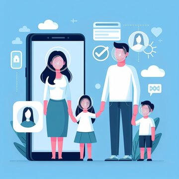 Flat design vector of a family using facial recognition on smartphones, highlighting convenience and security, family-friendly