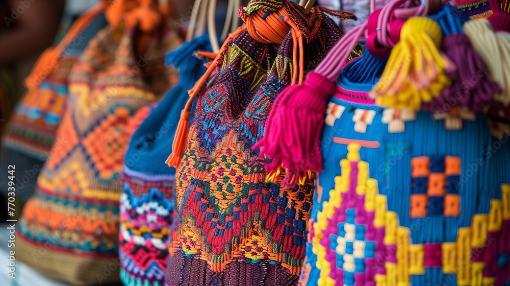 Poster close-up of exquisite handmade woven bags, displaying intricate patterns and bright color combinatio