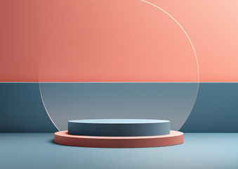 3D blue podium stand with circle glass backdrop minimal wall scene background is perfect for modern interior concept product display mockups