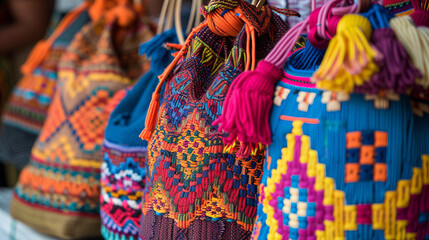 Fototapeta premium Close-up of exquisite handmade woven bags, displaying intricate patterns and bright color combinations
