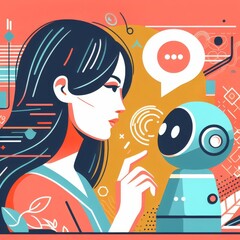 Trendy flat vector of a person interacting with a robotic voice assistant, dynamic lines and bright, engaging colors