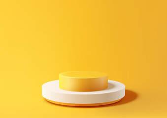 A simple 3D scene with a white podium on a yellow platform, against a yellow background.. Product display, Minimal style