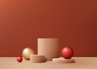 3D realistic three beige color podium decoration with geometric gold and red balls on the floor and red wall background