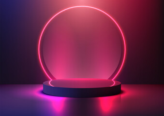 Showcase your product 3D blue podium on a pedestal featuring a glowing pink neon with circle neon backdrop. Ideal for showcasing technology awards or tech gadgets in a futuristic scene